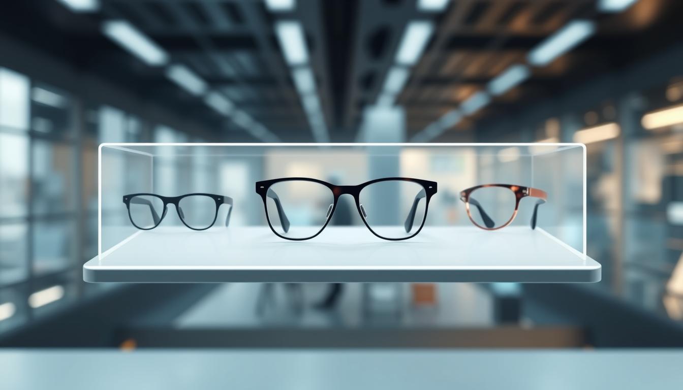 A sleek, minimalist display hovers in the foreground, showcasing the evolution of smart glasses over time. In the middle ground, a series of distinctive frames come into focus, each representing a different era - from bulky, early prototypes to the streamlined, high-tech models of the present day. The background blurs into a futuristic cityscape, hinting at the integration of these intelligent devices into our everyday lives. Soft, directional lighting emphasizes the elegant, refined design of the glasses, while subtle reflections on the lenses suggest the advanced capabilities within. An aura of innovation and progress permeates the scene, capturing the transformative potential of smart glasses as the future of augmented reality unfolds.