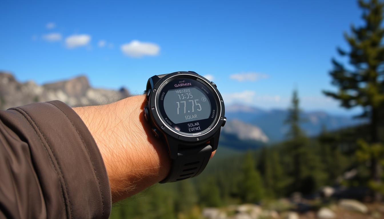 Generate an image of the Garmin Instinct3 Solar watch on a wrist during a hike.
