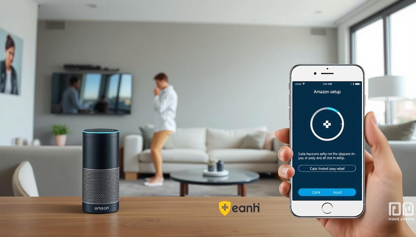 Generate an image of Amazon Echo device being set up