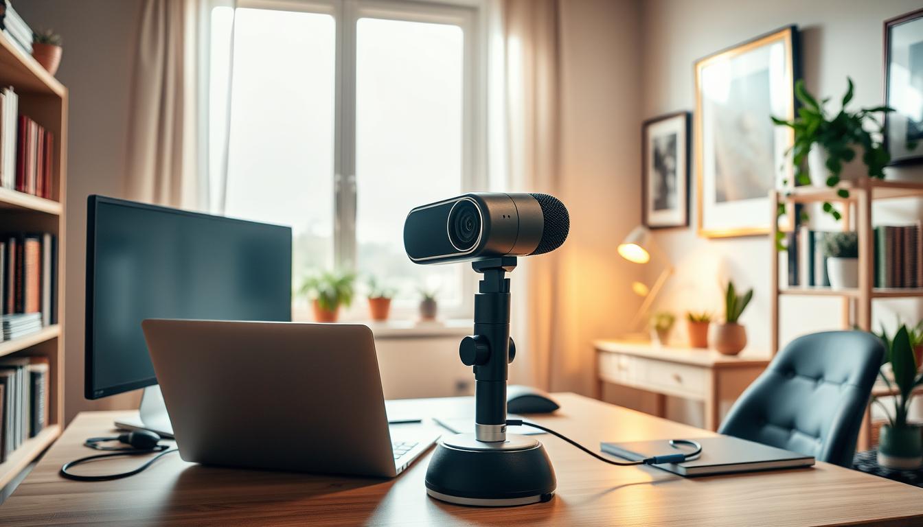 A cozy and well-equipped home office, bathed in warm, diffused lighting from a large window. On the desk, a sleek laptop, a modern monitor, and a clutter-free workspace with a minimal aesthetic. In the foreground, a high-quality webcam and a professional-grade microphone sit atop the desk, ready to facilitate seamless video conferencing. Bookshelves line the walls, complemented by potted plants and framed artwork, creating a harmonious and inspiring atmosphere. The room has a relaxed, but focused vibe, perfect for productive remote work.
