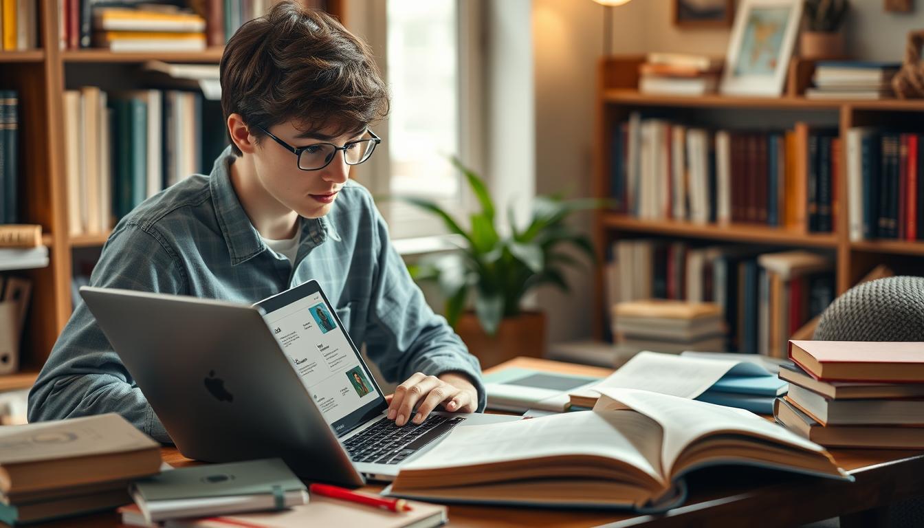 Create an image of a student using Evernote on their laptop to organize study materials.