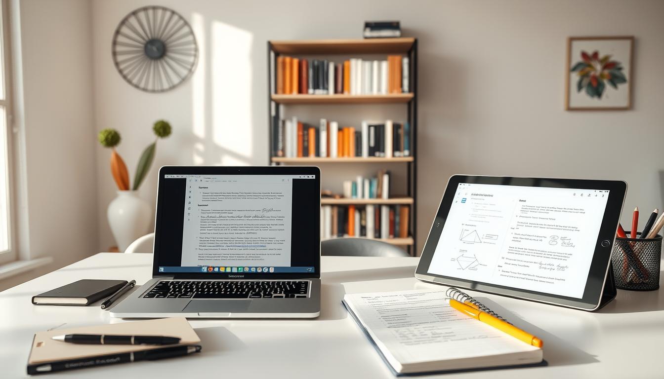 A clean, well-organized digital workspace with a laptop, tablet, and various note-taking tools arranged neatly. The lighting is soft and natural, creating a calm, focused atmosphere. The middle ground features a digital note application open, showcasing a structured layout of handwritten notes, diagrams, and annotations. In the background, a bookshelf filled with reference materials and a minimalist wall decor, conveying a sense of academic diligence and productivity. The overall scene emphasizes the benefits of a streamlined, digital note-taking system for enhanced learning and study efficiency.