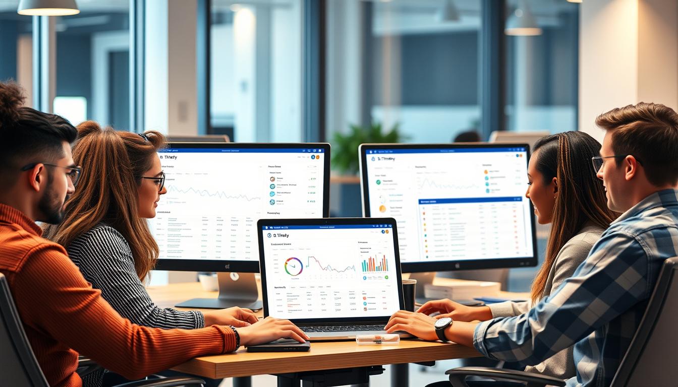 Generate an image of a team using Timely on their computers, with time-tracking data displayed.