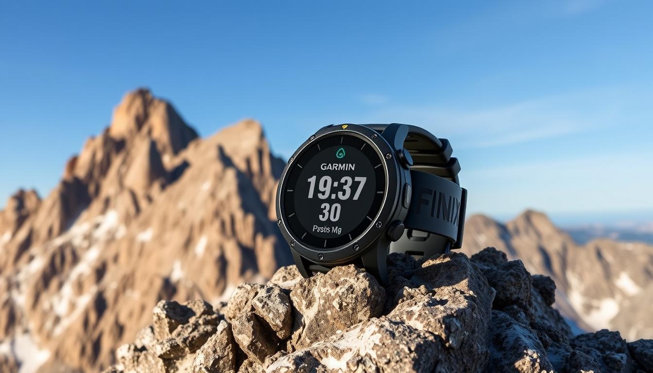 Generate an image of the Garmin Fenix8 Solar smartwatch on a rocky mountain summit.