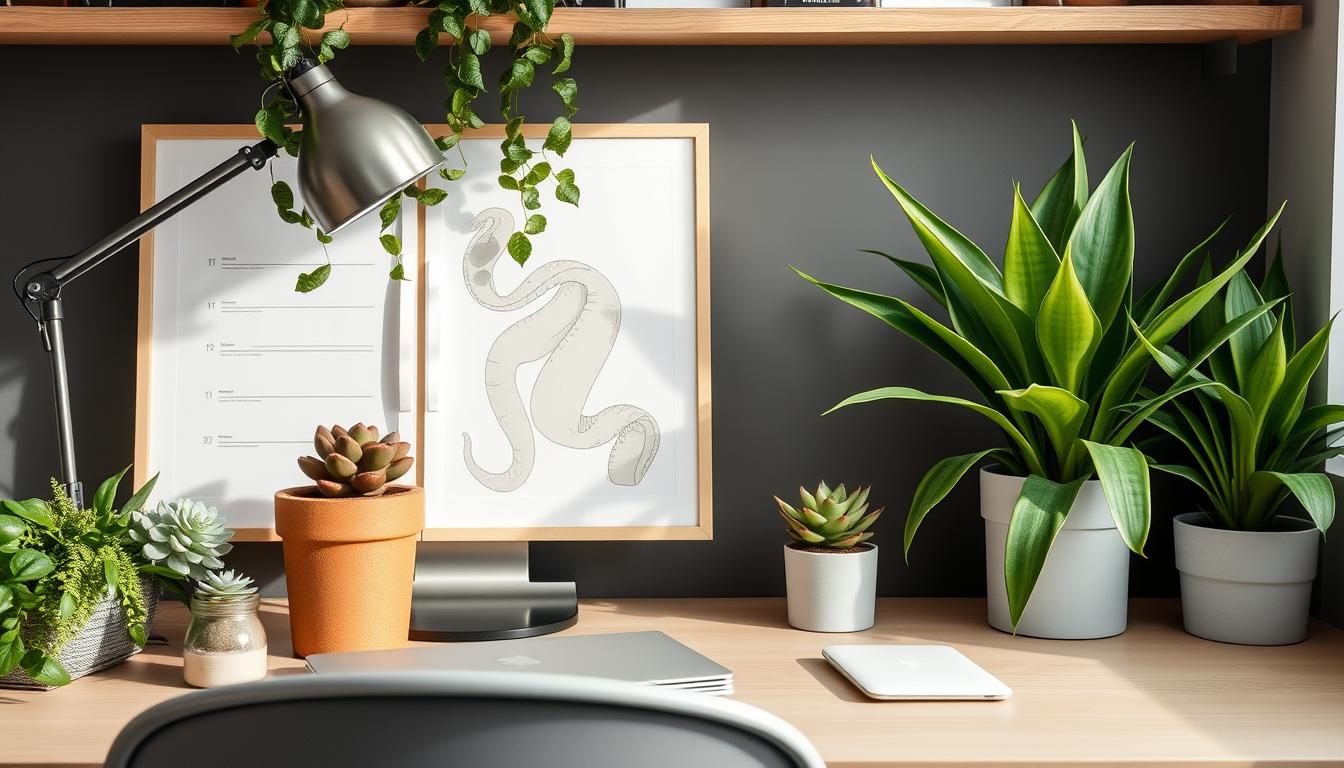 Low-maintenance plants like succulents and snake plants for home office decor