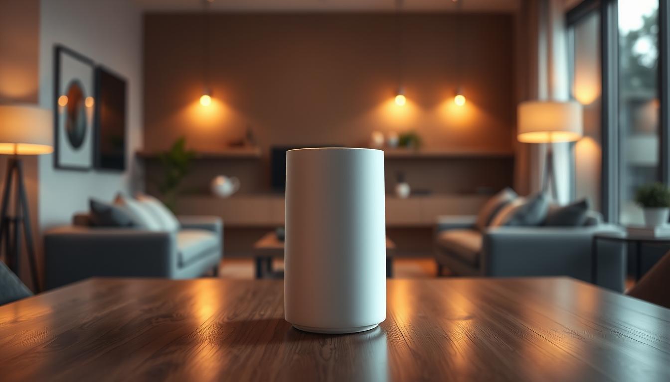 A minimalist and elegant smart speaker standing prominently on a wooden table, bathed in warm, directional lighting that accentuates its clean, streamlined design. The speaker's surface reflects the surroundings, creating a sense of depth and integration with the environment. The middle ground features a subtle, blurred background of a modern, well-appointed living room, hinting at the speaker's intended use within a smart home setting. The overall mood is one of sophistication, technological prowess, and seamless integration into the domestic sphere.