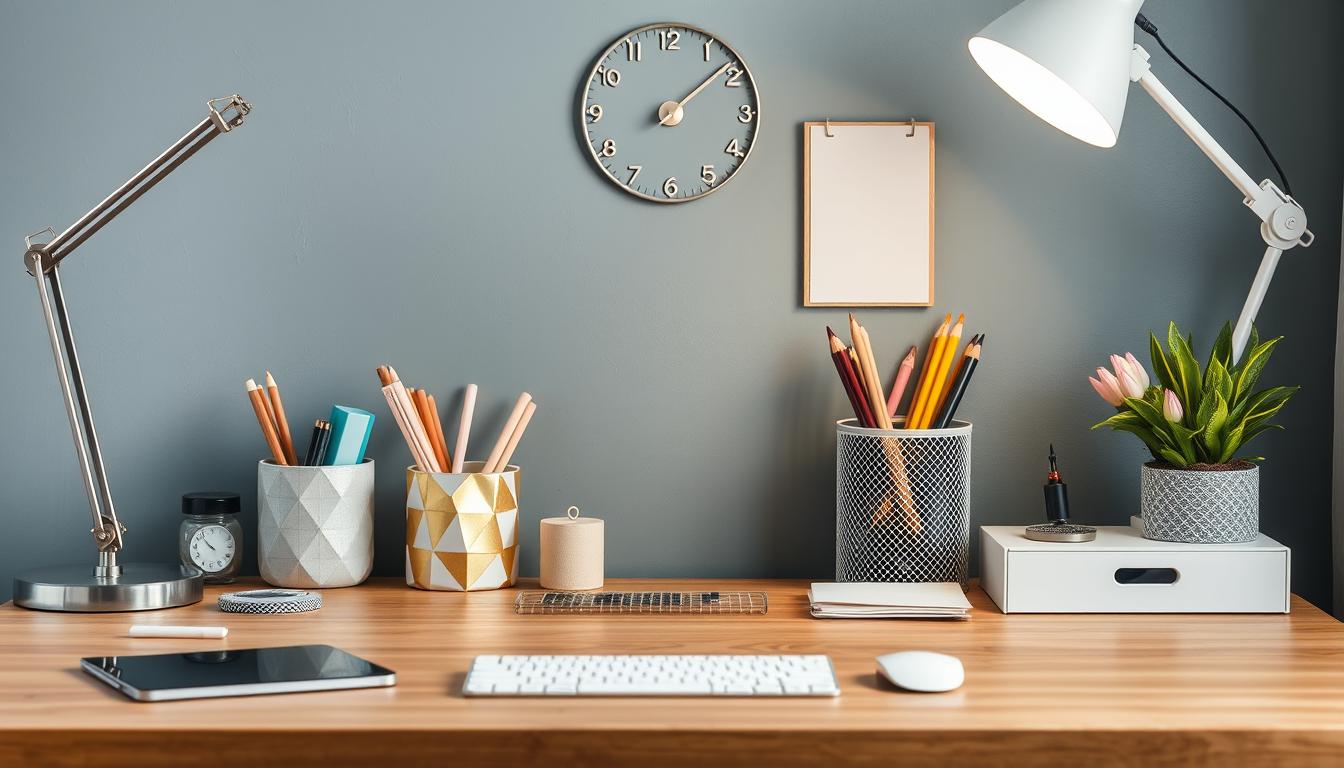 Image of a desk with organized accessories and organizers
