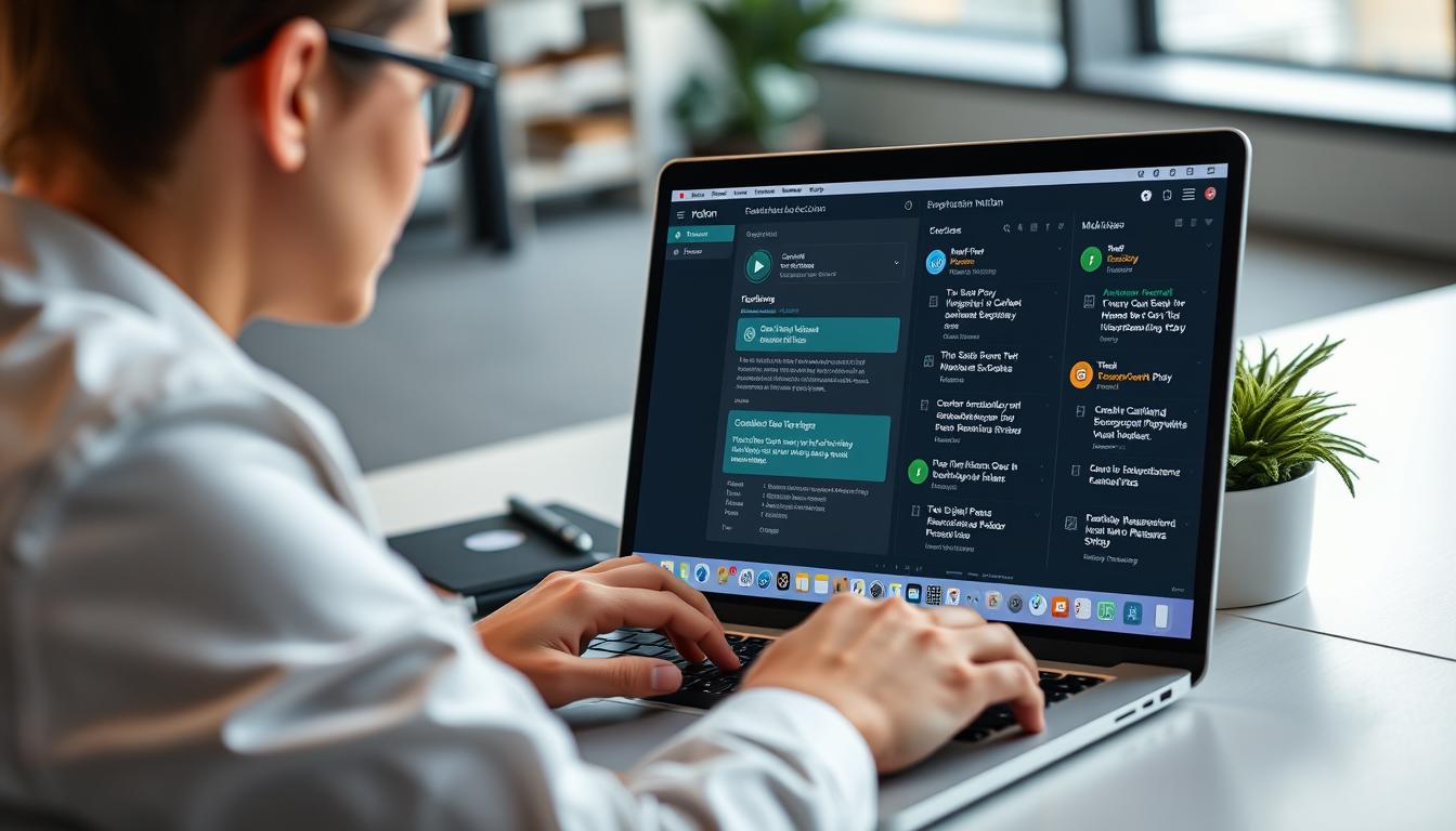 Generate an image of a professional using Motion on their laptop, with a calendar and task list displayed.
