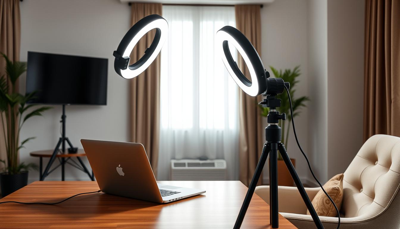 Generate an image of a ring light being used for a video conference