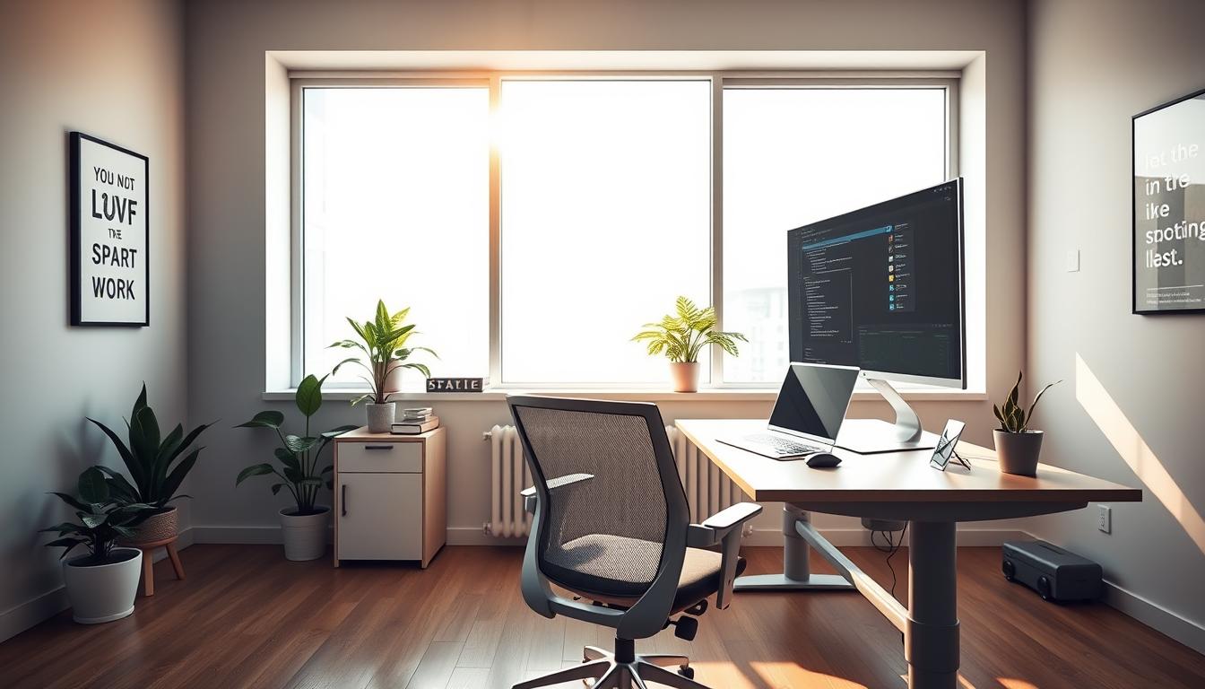 Prompt A bright, minimalist remote workspace with a large, ergonomic desk, a comfortable office chair, and a large, high-resolution monitor. The desk is neatly organized with a sleek laptop, a wireless mouse and keyboard, and a few essential office supplies. The room has abundant natural light streaming in through large windows, creating a warm, productive atmosphere. The walls are adorned with motivational artwork and a few potted plants, adding a touch of greenery to the space. The lighting is soft and diffused, with a combination of task lighting and ambient lighting to reduce eye strain. The overall vibe is one of focus, efficiency, and a sense of calm control over the work environment.