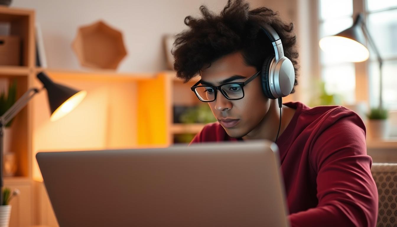 Generate an image of a person wearing noise-cancelling headphones while working on a laptop in a home office.