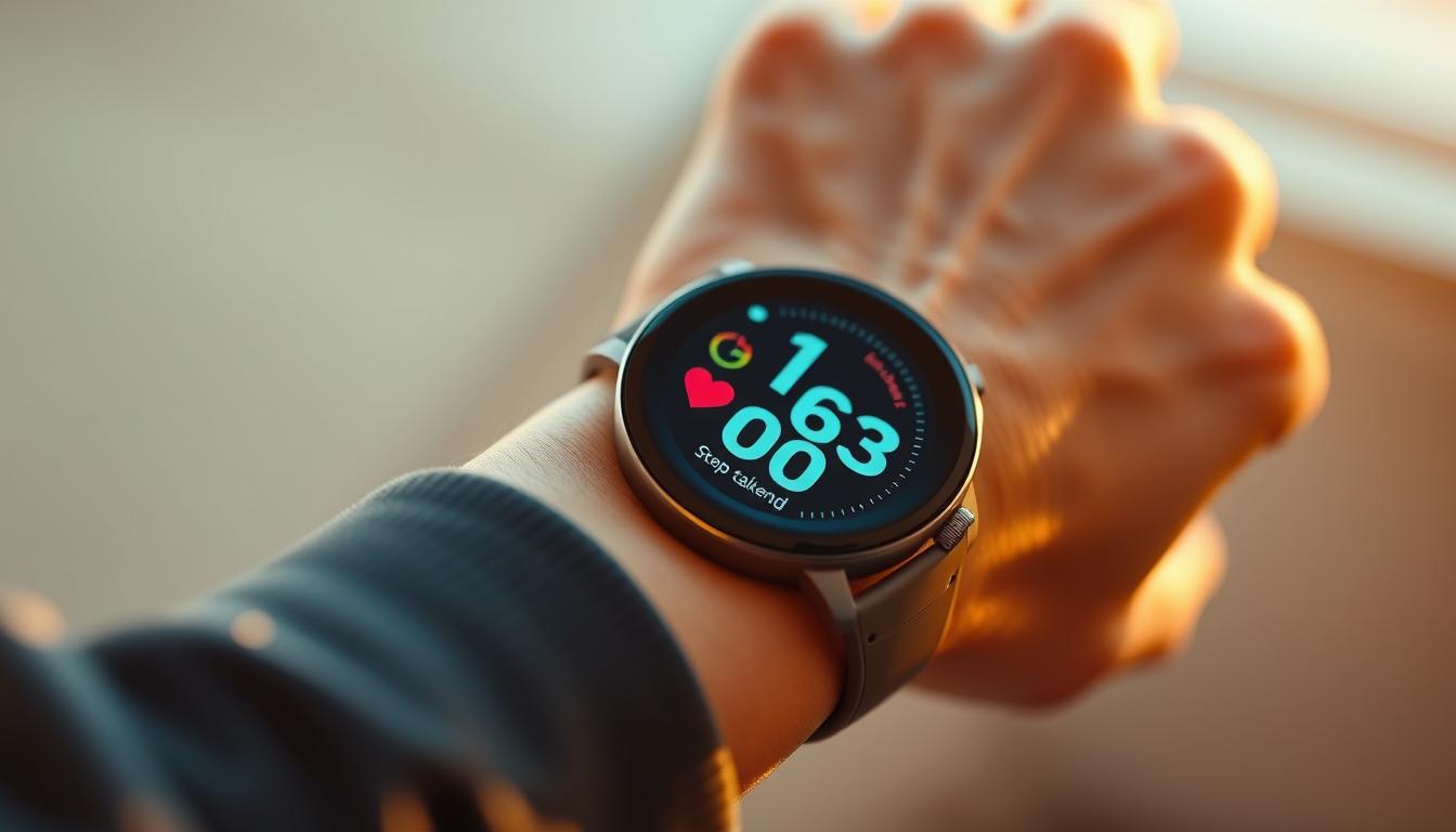 A close-up view of a person's wrist, showcasing an advanced smartwatch with a sleek, minimalist design. The watch face displays real-time fitness data, including heart rate, steps taken, and calories burned. The strap is made of breathable, lightweight material, seamlessly blending with the user's active lifestyle. Warm, directional lighting illuminates the scene, casting a soft glow on the watch's polished surface. The background is blurred, placing the focus entirely on the innovative wearable technology and its role in revolutionizing personal fitness tracking.