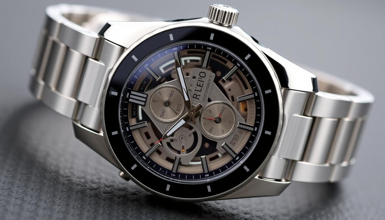 Generate an image of the Elliot Brown Canford watch with its stainless steel strap and sapphire crystal glass.