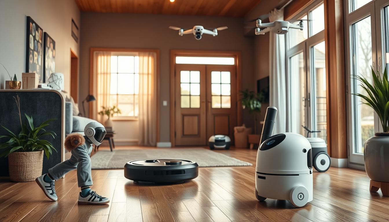 A modern, sleek home filled with a variety of smart home robots. In the foreground, a domestic robot assistant tidies up, moving gracefully across the hardwood floor. In the middle ground, a robotic vacuum cleaner glides silently, its sensors mapping the room. Beyond, a compact delivery robot waits by the front door, ready to retrieve packages. Overhead, a surveillance drone hovers, its camera lens scanning the space. Warm, natural lighting filters in through large windows, casting a gentle glow on the intelligent machines. The atmosphere is one of domestic harmony, where cutting-edge technology seamlessly integrates with everyday living.