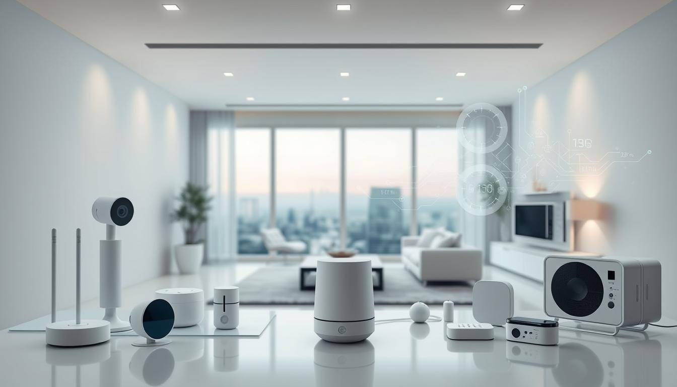 A smart home ecosystem with a clean, minimalist aesthetic. In the foreground, a network of interconnected devices - smart lighting, security cameras, a voice assistant, and climate controls - arranged in a sleek, modern arrangement. The middle ground features a panoramic view of a well-appointed living space, with floor-to-ceiling windows and subtle ambient lighting. In the background, an abstract digital landscape of data flows and wireless signals, conveying the underlying technological infrastructure that powers the smart home. The scene is captured with a wide-angle lens, emphasizing the integration and cohesion of the various smart home components. The overall mood is one of sophistication, efficiency, and the seamless blending of technology and domestic comfort.