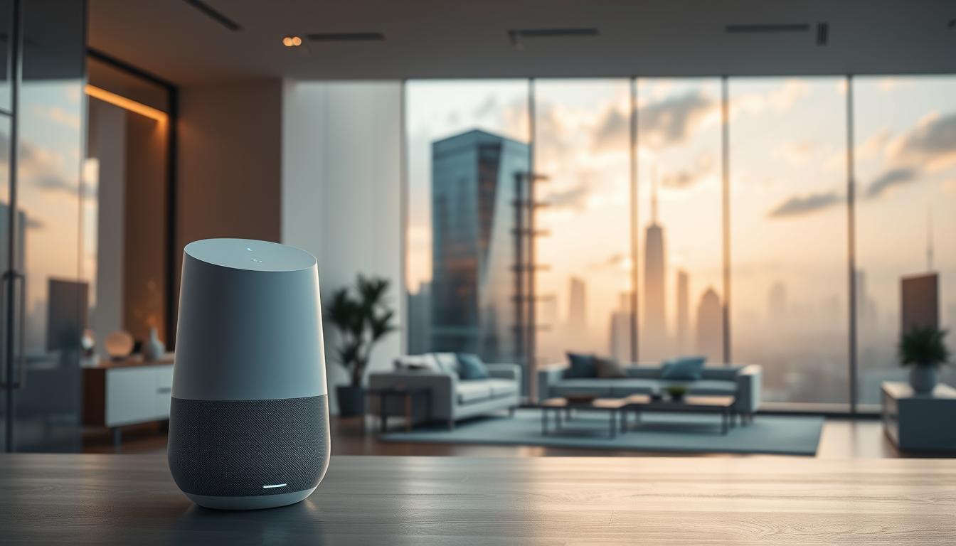 A sleek, futuristic smart home assistant in the foreground, with a minimalist white or grey design and a rounded, speaker-like body. The assistant has subtle glowing lights and holographic display panels, showcasing its advanced capabilities. In the middle ground, a partially visible modern, open-concept living room with minimalist furnishings and large windows, bathed in warm, natural lighting. The background features a seamless transition to an urban skyline, with towering, glass-clad skyscrapers and a serene, cloud-filled sky, conveying a sense of technological progress and innovation. The overall mood is one of sophistication, functionality, and the integration of technology into the home environment.