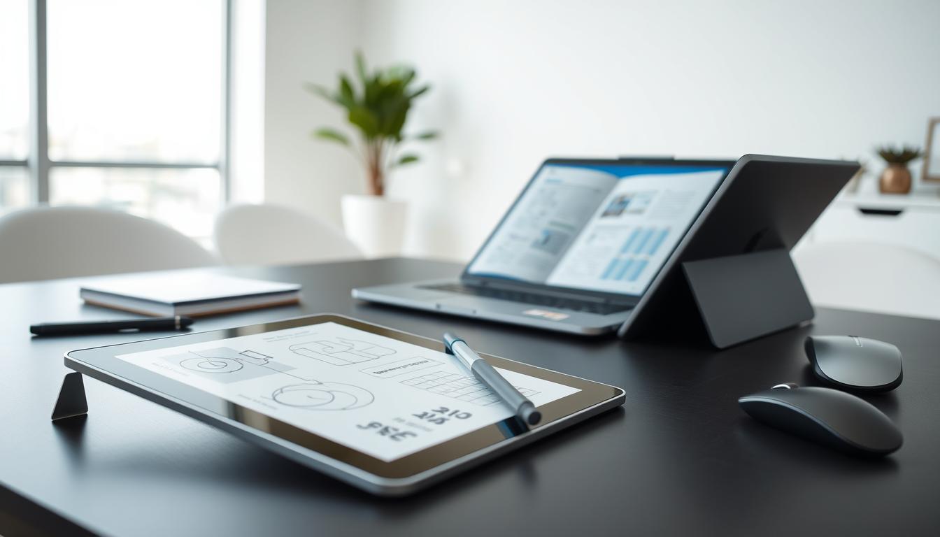 A high-quality digital workspace with a modern, minimalist design. On the foreground, an elegant tablet device with a stylus, displaying digital notes and diagrams. In the middle ground, a sleek laptop with an open document, surrounded by various digital note-taking accessories such as a wireless mouse and a smartpen. The background features a clean, subtly-lit office setting with a large window, allowing natural light to flow in, creating a productive and focused atmosphere. The overall scene conveys the evolution of note-taking, seamlessly blending analog and digital tools to enhance productivity and efficiency.