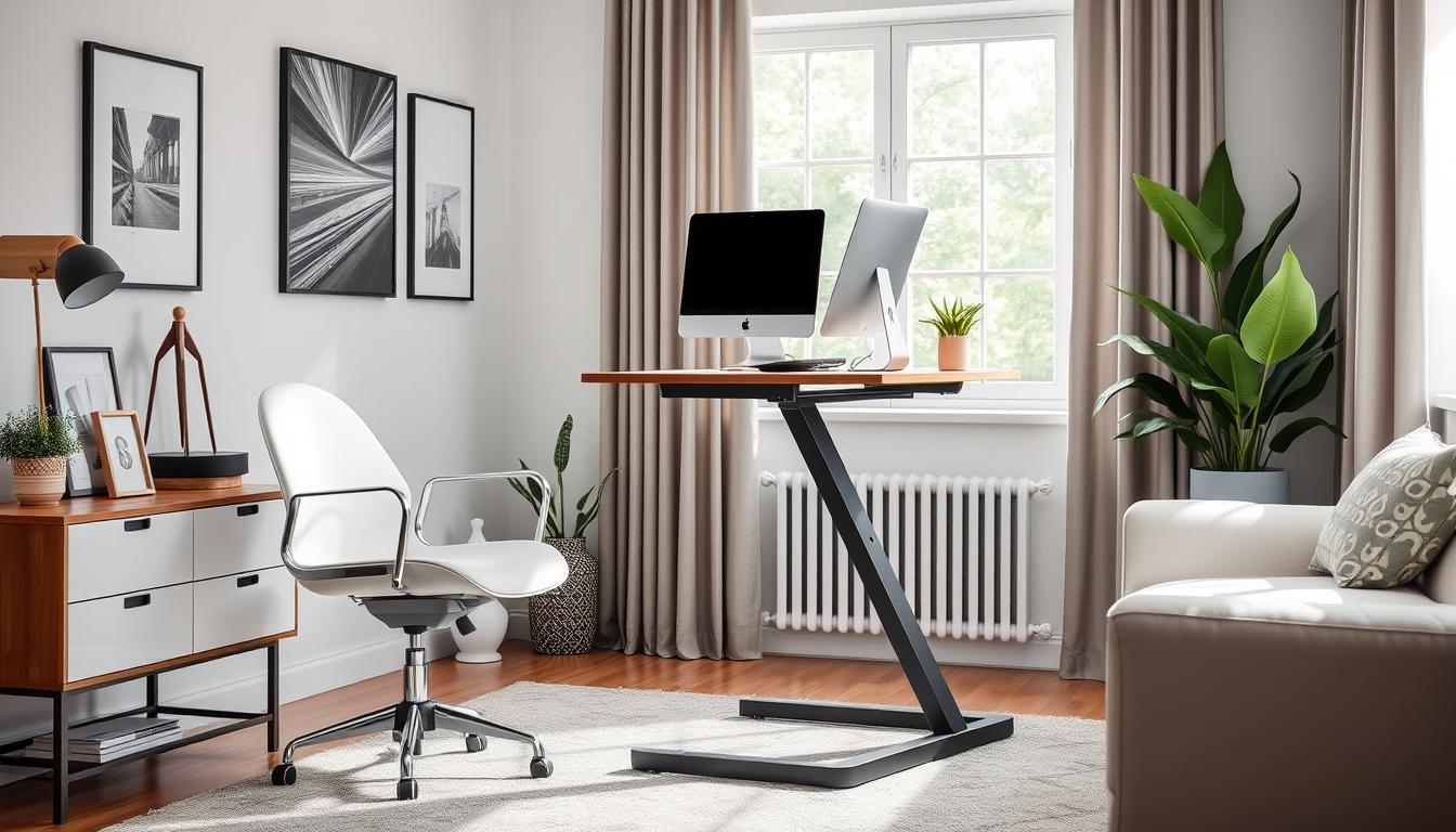 Generate an image of the Moft Z Sit-Stand Desk Converter being used in a home office setup, showcasing its portability and sturdiness.