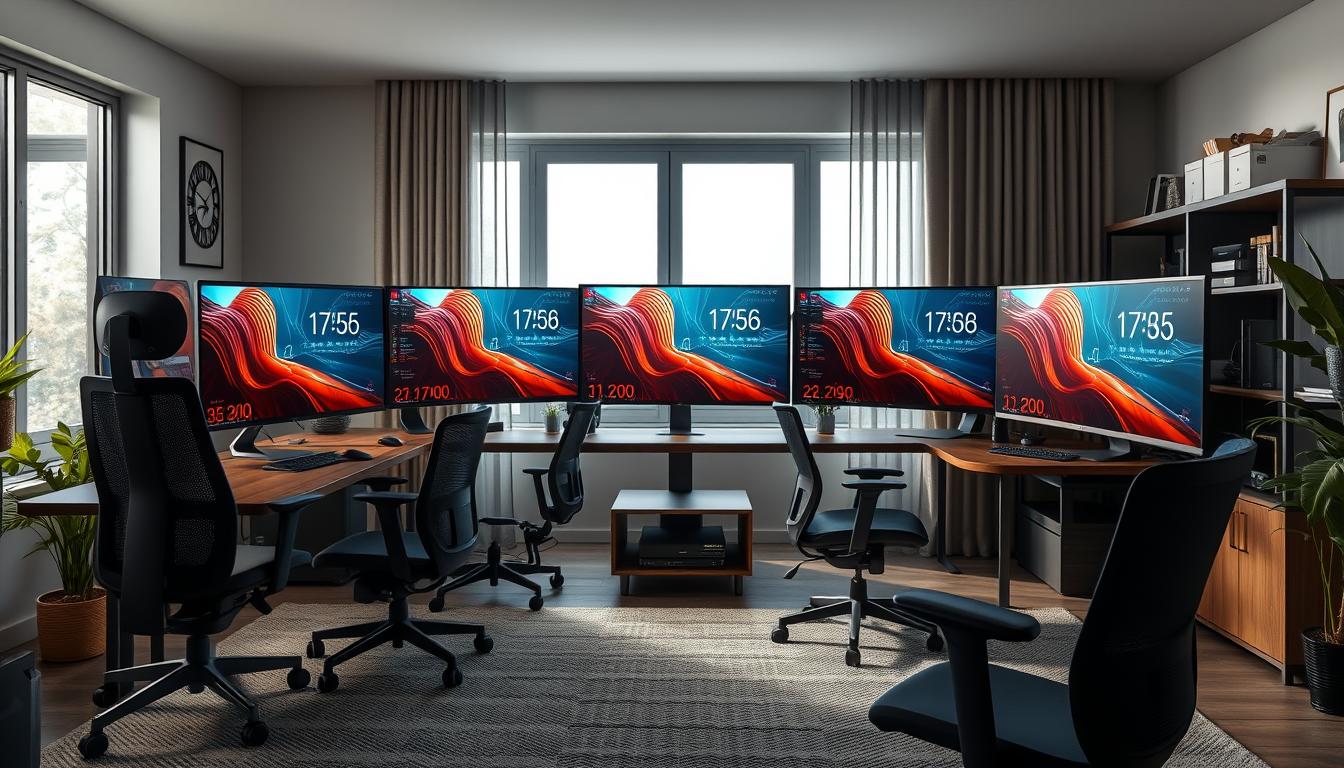Generate an image of the Acemagician S3A Mini PC connected to multiple monitors in a home office.