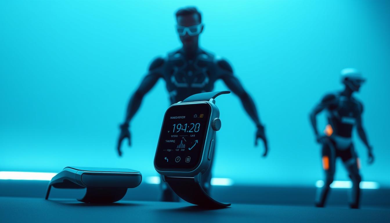 A futuristic scene of the evolution of wearable fitness technology. In the foreground, a sleek, minimalist smartwatch with a glowing display and touch controls. In the middle ground, a pair of augmented reality fitness glasses with holographic training overlays. In the background, a state-of-the-art exoskeleton suit with advanced motion sensors and haptic feedback, enabling enhanced physical capabilities. The scene is bathed in a cool, blue-tinted lighting, creating a sense of technological sophistication. The overall mood is one of progressive, seamless integration of human and machine for peak athletic performance.