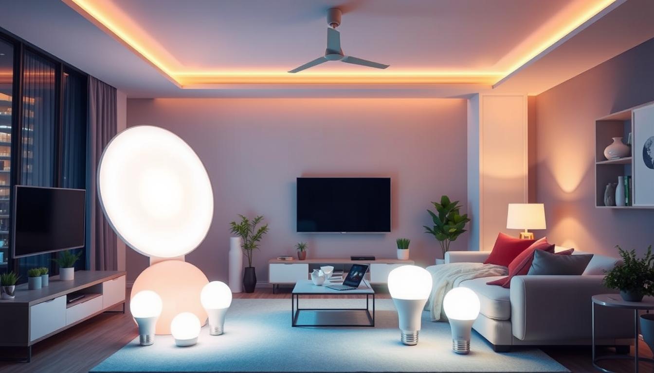 Generate an image of a Philips Hue smart lighting system setup.