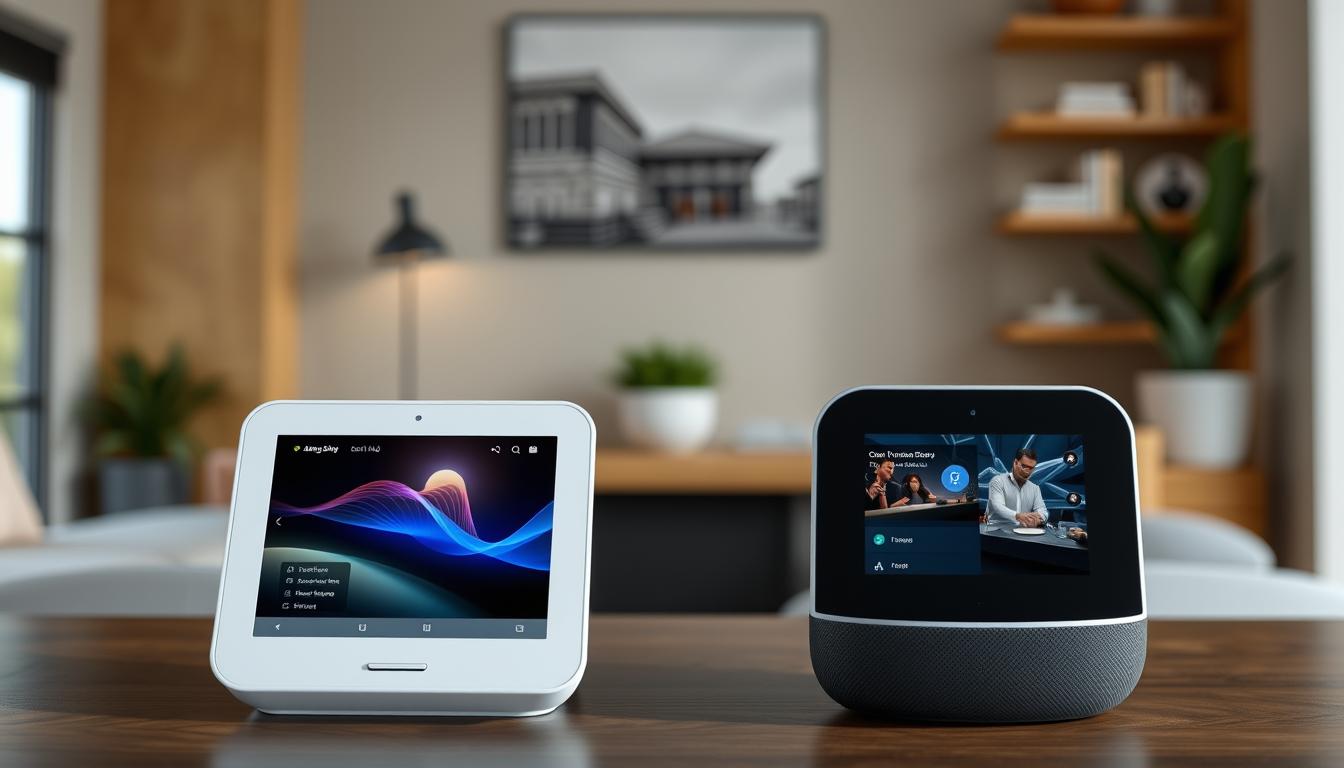 Generate an image of Amazon Echo Show and Google Nest Hub side by side.