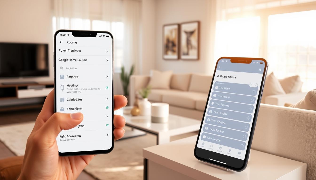 A modern, minimalist living room with a prominent Google Home device placed on a sleek, white side table. The room is bathed in warm, natural lighting, creating a cozy and inviting atmosphere. In the foreground, a hand holding a mobile device is visible, showcasing various Google Home Routine options on the screen. The middle ground features a coffee table with simple, elegant decor, while the background maintains a clean, uncluttered design, allowing the focus to remain on the Google Home device and the automation features. The overall scene conveys a sense of effortless home automation and control, reflecting the subject of the article.
