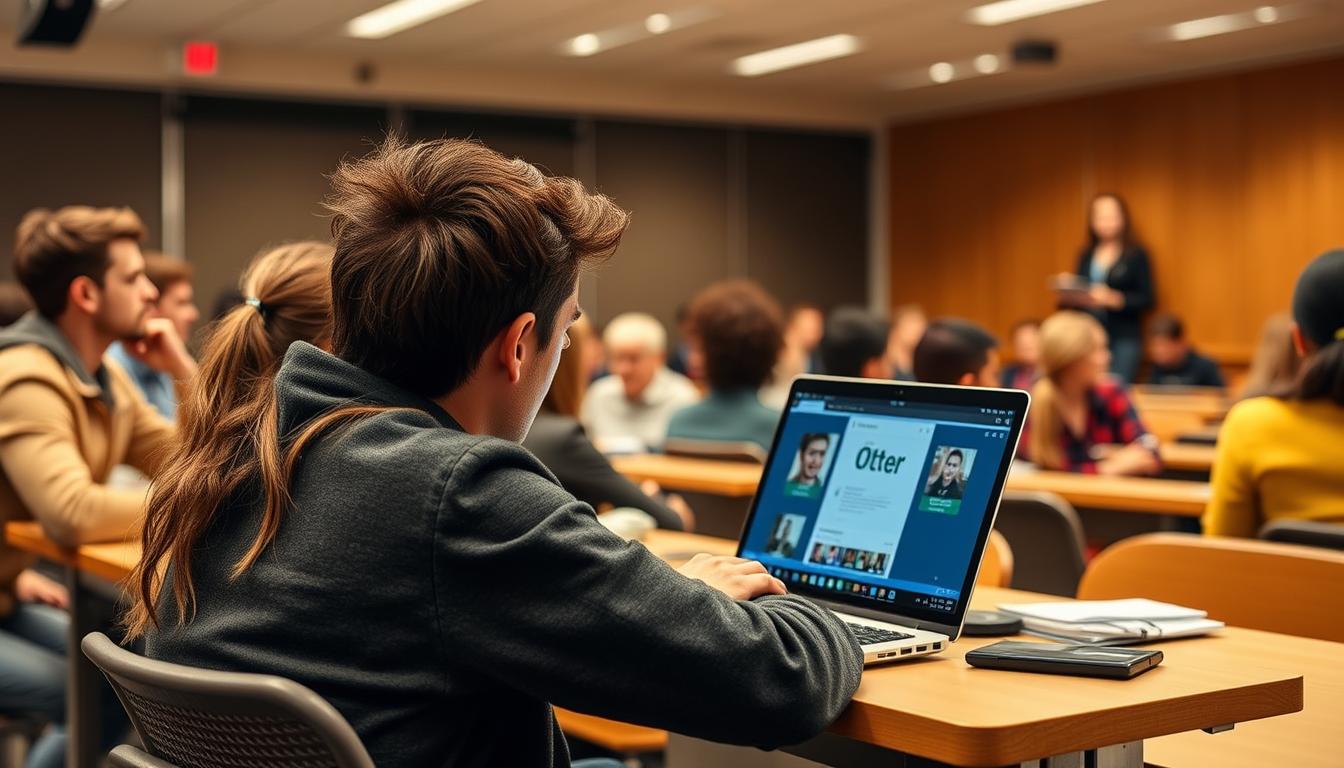 Generate an image of a student using Otter.ai during a lecture.
