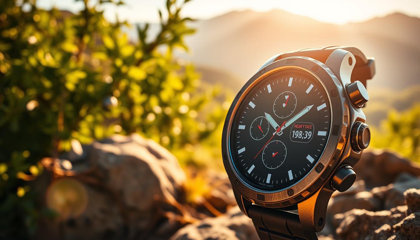 Outdoor smartwatch features: A crisp, high-resolution image showcasing the key functionalities of a rugged, adventure-ready smartwatch. In the foreground, a sleek, durable watch face displays real-time metrics like heart rate, altitude, and GPS coordinates, all visible under bright, natural sunlight. The middle ground features the watch's water-resistant case, with a knurled bezel and sturdy lugs, set against a backdrop of lush, verdant foliage and a distant mountain landscape. The scene is bathed in warm, golden hour lighting, casting long shadows and creating a sense of adventurous exploration. The overall mood is one of confidence, capability, and a connection to the great outdoors.