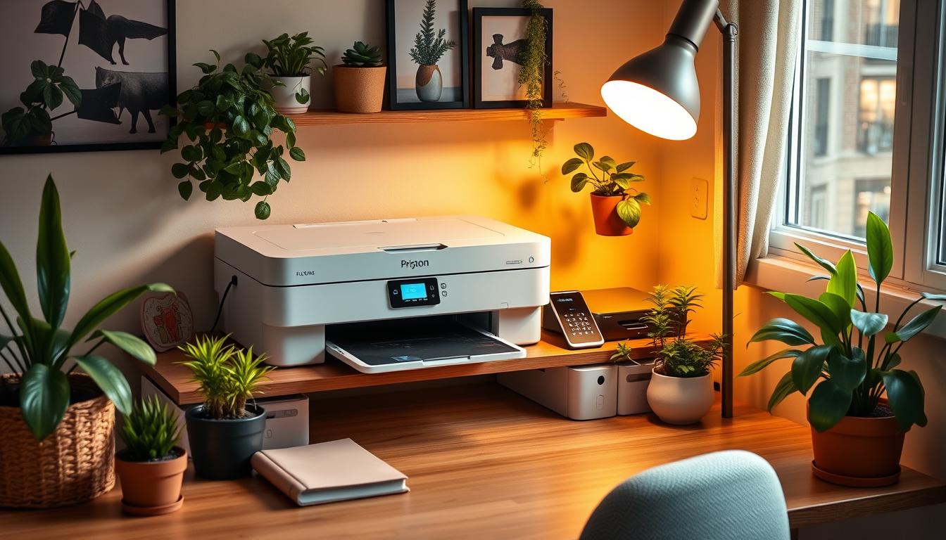 Generate an image of a compact all-in-one printer in a small home office.