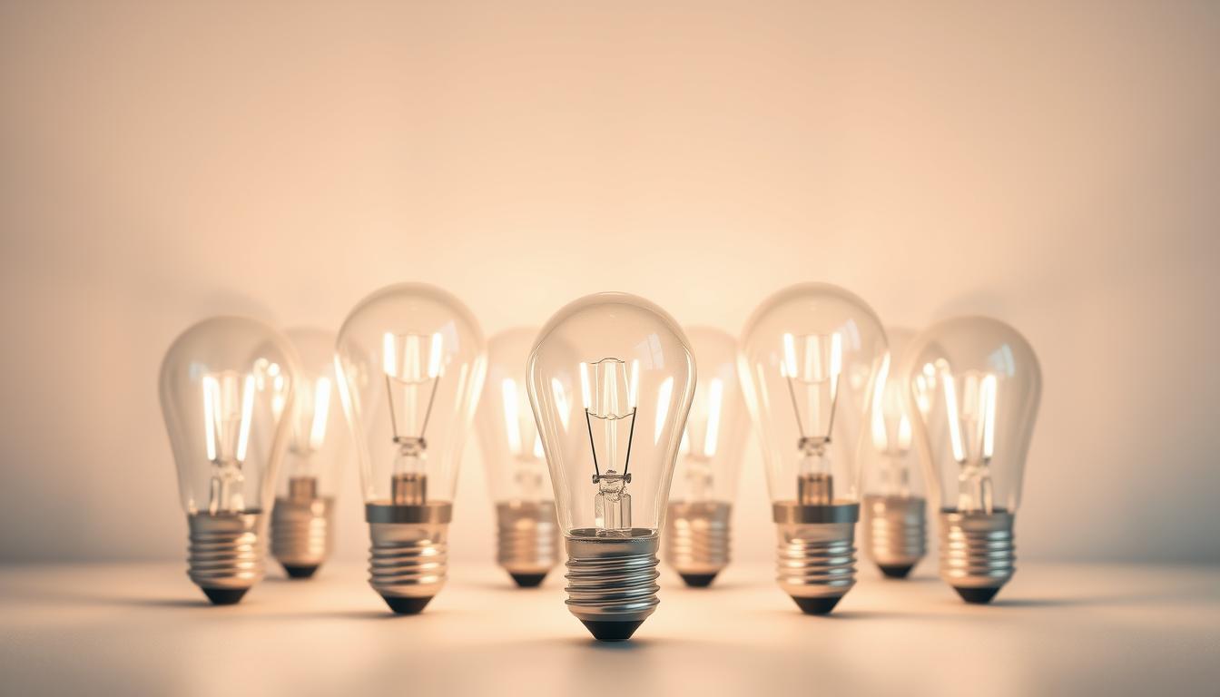 A set of energy-saving LED light bulbs glowing brightly against a clean, minimalist background. The bulbs are arranged in an orderly fashion, highlighting their sleek, modern design. The soft, warm light emanating from the bulbs creates a cozy, inviting atmosphere. The scene is captured with a sharp, high-resolution lens, showcasing the intricate details of the bulbs' construction. The lighting is balanced, with a slightly angled perspective to add depth and dimension to the composition. The overall mood is one of efficiency, sustainability, and cost-savings, reflecting the article's focus on smart lighting and energy bill reduction.