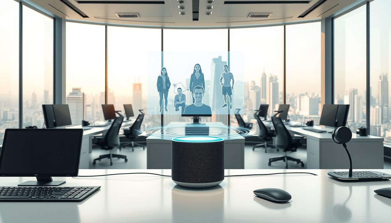 A futuristic, high-tech office environment with sleek, minimalist workstations. In the foreground, an array of cutting-edge remote work devices - wireless keyboards, touchscreen tablets, noise-canceling headphones, and a voice-controlled smart speaker. In the middle ground, a holographic display projects real-time collaboration with remote team members. The background features floor-to-ceiling windows offering a panoramic view of a bustling cityscape, bathed in the warm glow of natural light. The overall atmosphere conveys a sense of streamlined efficiency and seamless technological integration, reflecting the evolution of remote work tools.