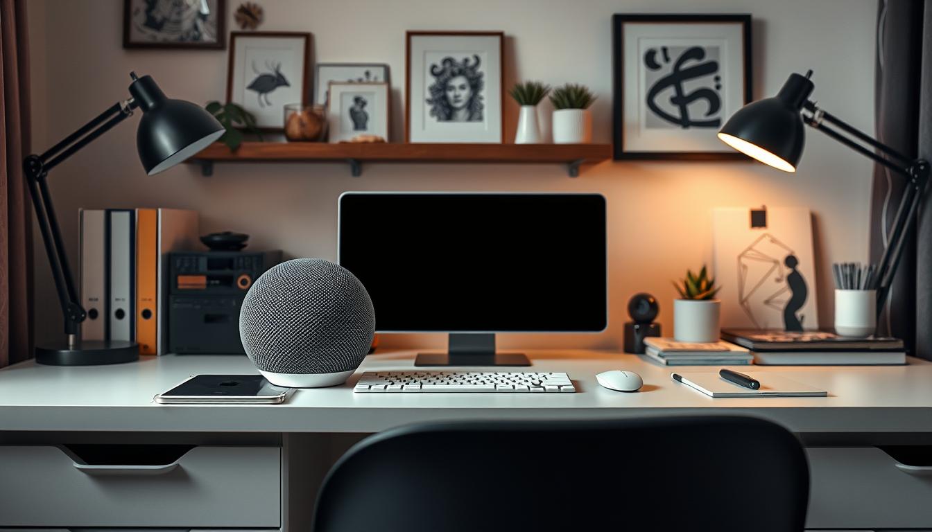 Generate an image of a Creative Pebble speaker on a home office desk.