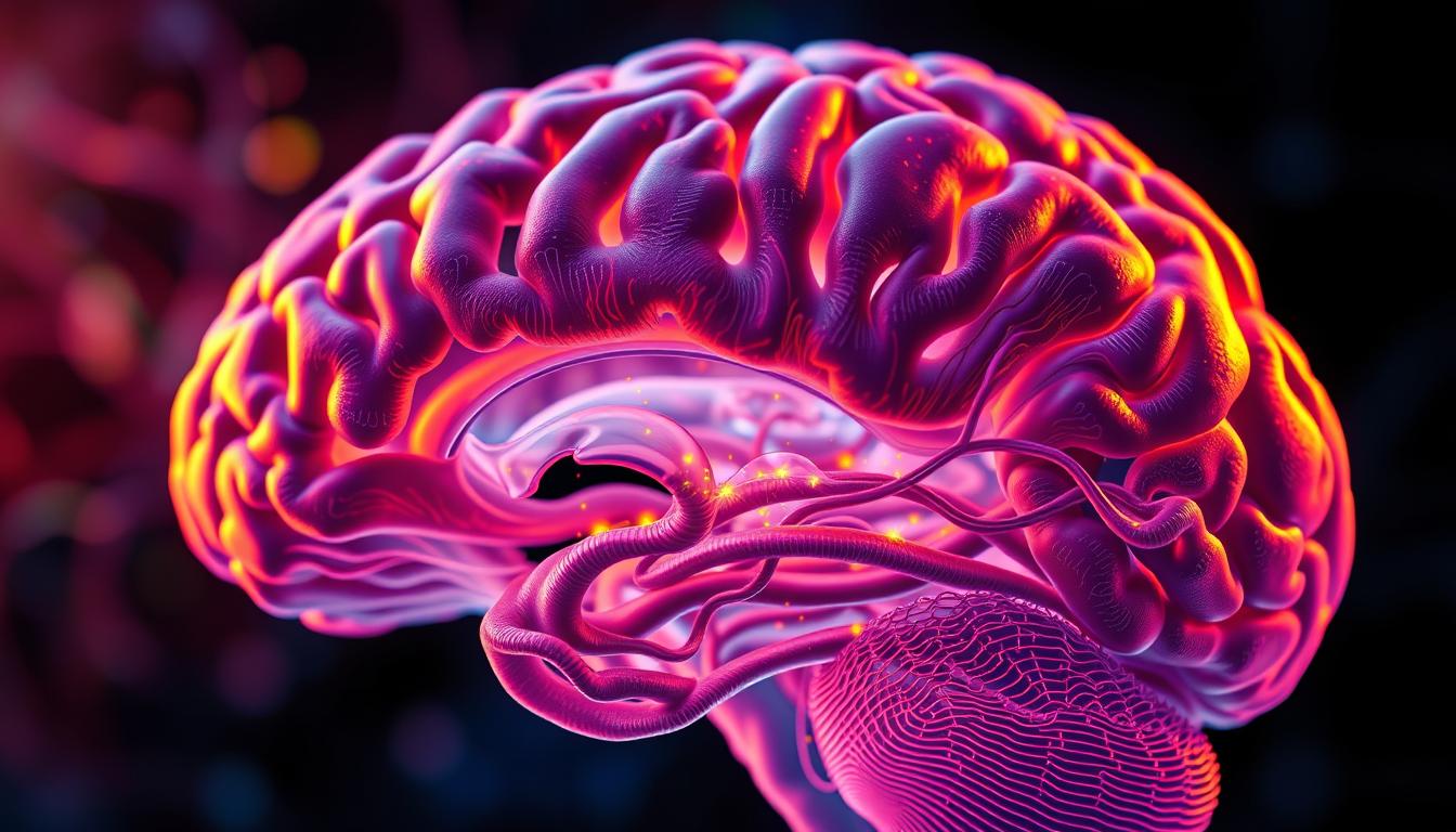 A detailed cross-section of the human brain, showcasing the intricate neural pathways and responses to sound stimuli. The foreground depicts the auditory cortex, a region responsible for processing auditory information, highlighted by pulsing waves of neural activity. The middle ground reveals the complex network of synapses and dendrites, conveying the rapid transmission of electrical signals. In the background, vibrant hues and subtle gradients evoke the dynamic nature of the brain's response to sound, creating a captivating and scientifically accurate representation. Captured with a macro lens and enhanced through precise lighting and depth of field, this image offers a visually stunning and informative glimpse into the neuroscience of sound processing.