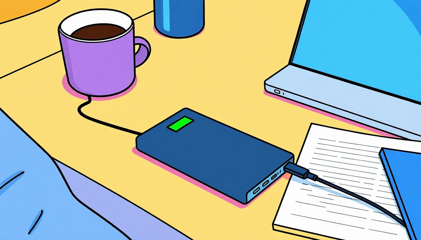 An image of a portable charger and power bank in use during a remote work session.