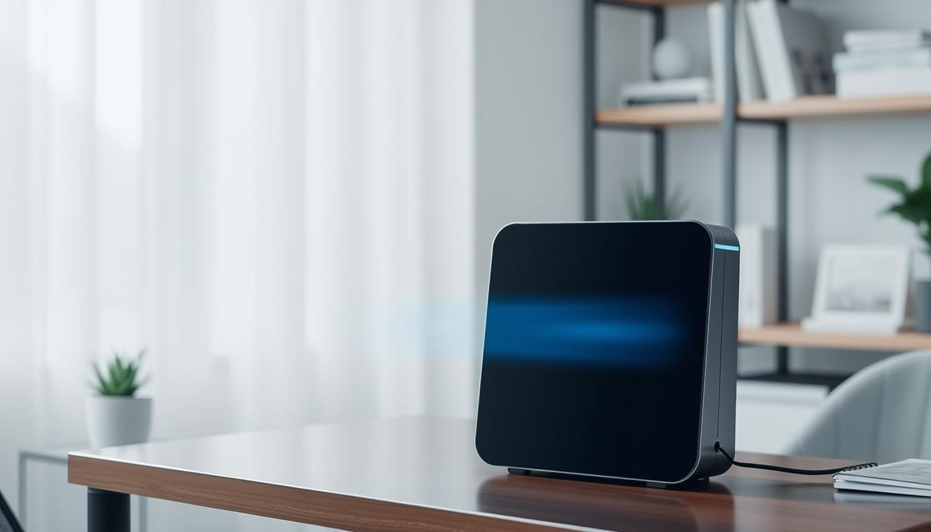 A desktop air purifier with a HEPA filter in a home office