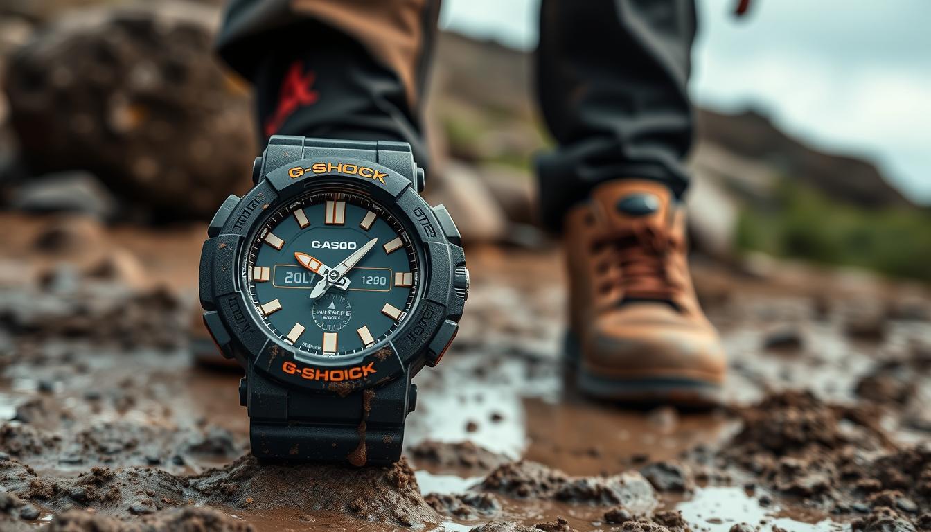 Generate an image of the Casio G-Shock Mudmaster GG-B100 in a muddy outdoor environment.