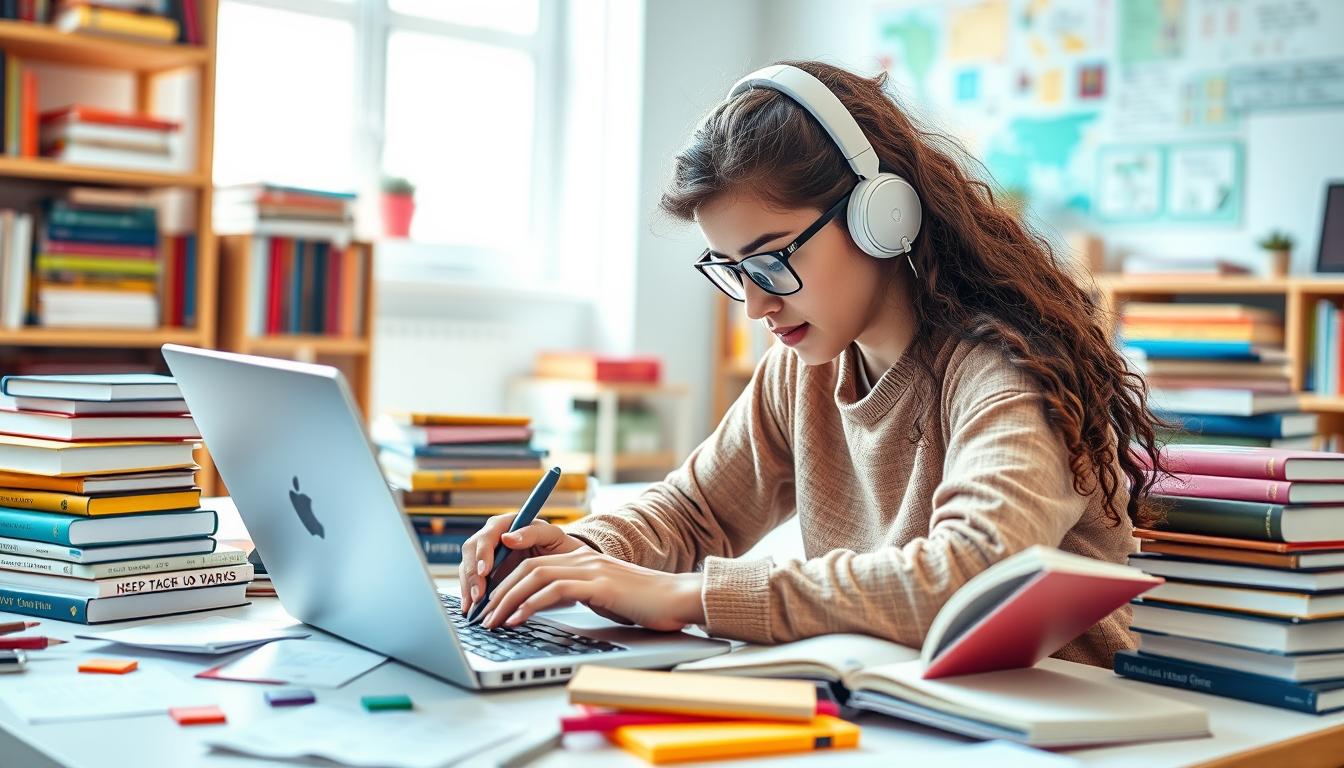 Generate an image of a student using Microsoft OneNote on a laptop, surrounded by textbooks and notes.