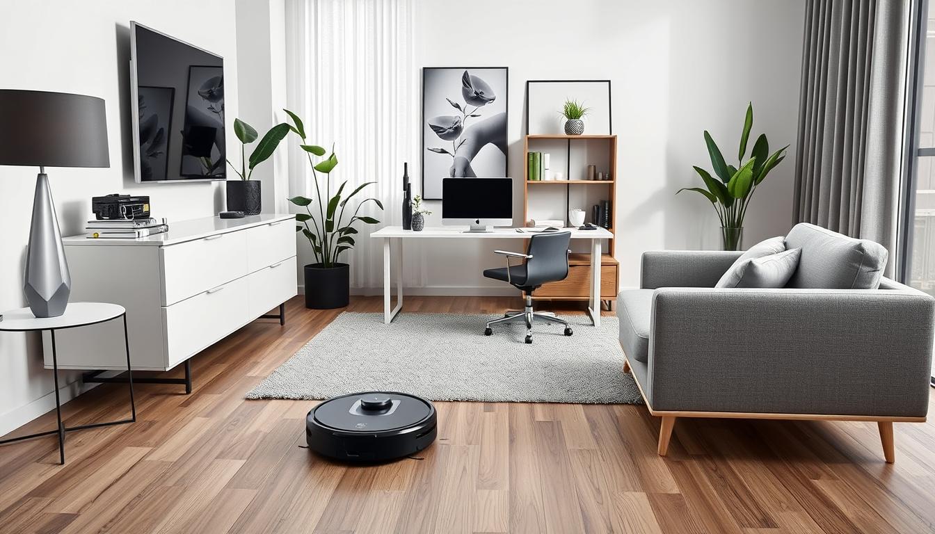Generate an image of the Eureka J15 Pro Ultra Robot Vacuum cleaning a modern home office.