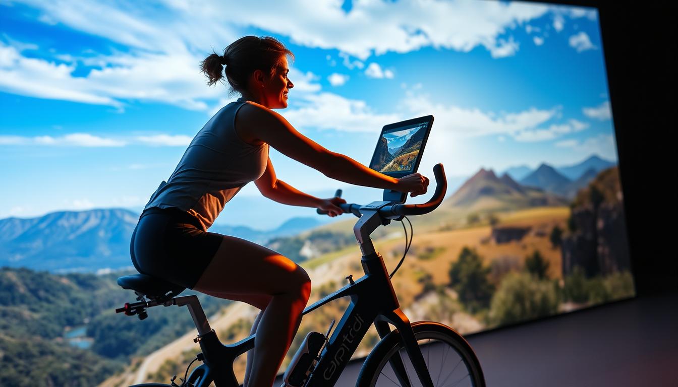 Generate an image of the Capti smart bike by Expresso Fitness with a rider experiencing an immersive virtual ride.