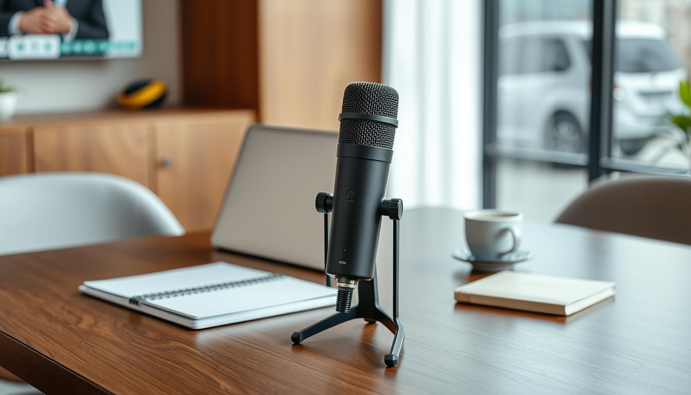 Generate an image of the Shure MV5 Digital Condenser Microphone on a desk during a virtual meeting.