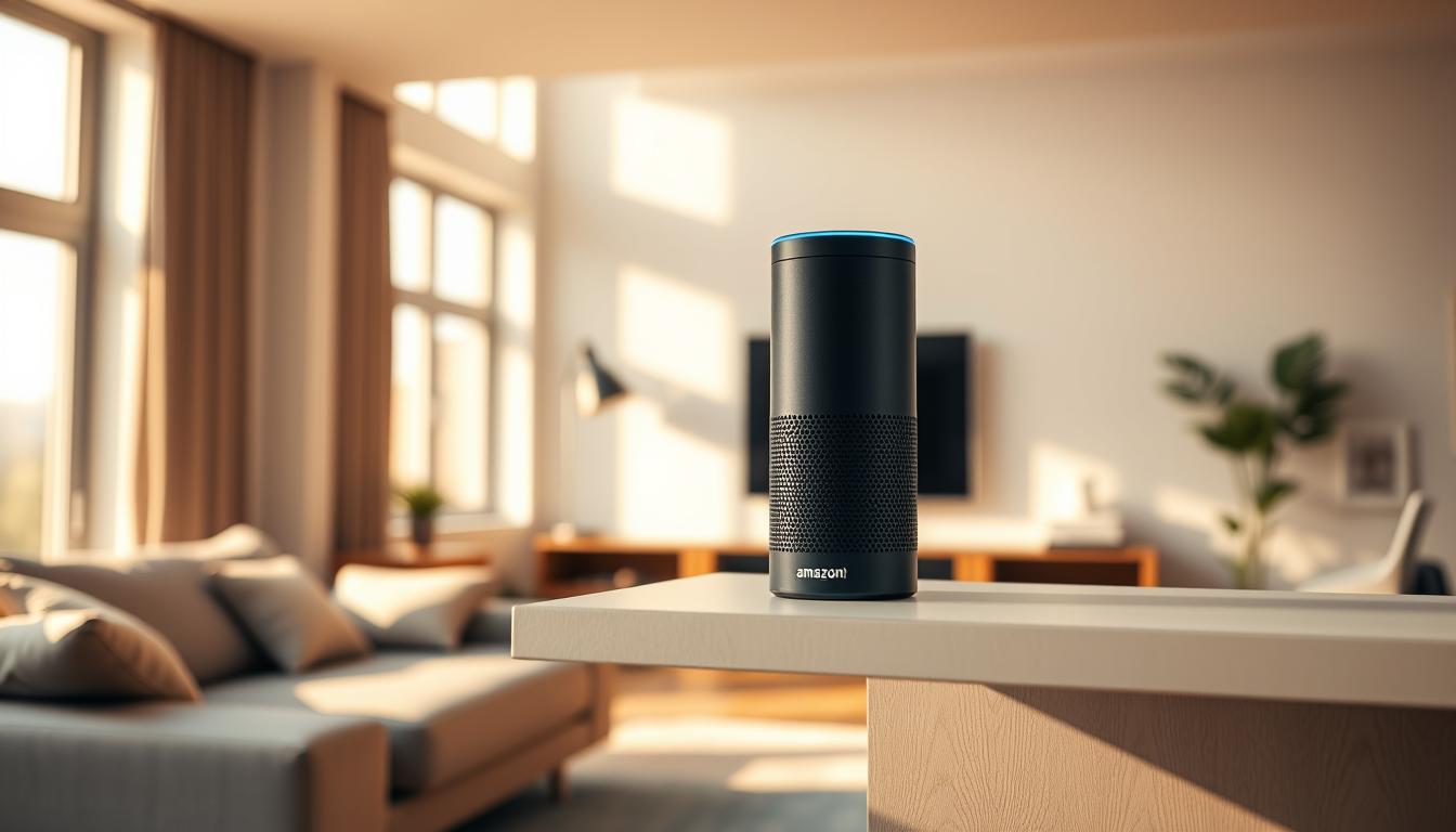 A modern, minimalist living room with a sleek Amazon Alexa device prominently displayed on a floating shelf. The room is bathed in warm, natural lighting from large windows, creating a cozy and inviting atmosphere. The Alexa device is the focal point, with its glowing blue light subtly illuminating the space. In the background, subtle smart home controls and icons are visible on a tablet or smartphone, hinting at the seamless integration of Alexa with the home's automation system. The overall scene conveys the simplicity and convenience of using Alexa to control various aspects of a connected home.