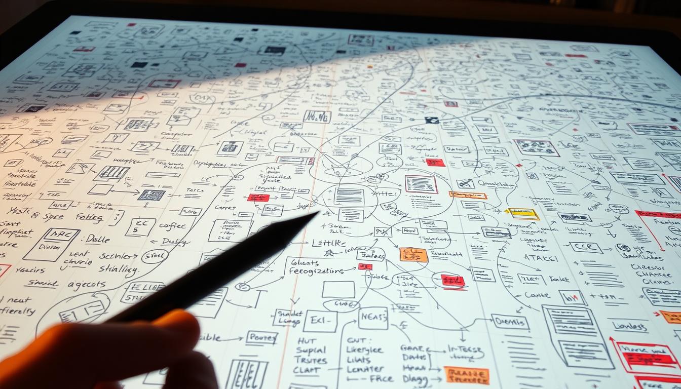 A vast, expansive digital canvas fills the frame, its surface dotted with a constellation of handwritten notes, sketches, and diagrams. The scene is bathed in a warm, ambient light, casting soft shadows that accentuate the depth and texture of the layout. In the foreground, a stylus hovers over the screen, poised to capture the next idea as it emerges. The midground is a dynamic patchwork of interconnected information, with arrows, links, and color-coded elements weaving a tapestry of knowledge. In the background, the canvas extends into the distance, hinting at the boundless potential for spatial organization and nonlinear exploration of concepts. The overall mood is one of focused creativity, where the mind can roam freely and make unexpected connections.