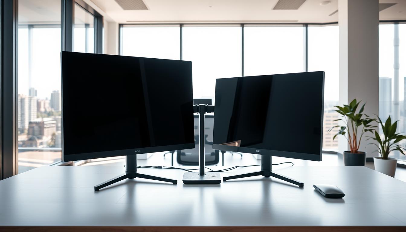 A modern, well-lit office space with a clean, minimalist aesthetic. In the foreground, a sturdy, high-quality desk features a sleek, dual-monitor setup. The two monitors are positioned side-by-side, their screens displaying clear, high-resolution content. The monitors are mounted on an adjustable stand, allowing for optimal ergonomic positioning. In the middle ground, a comfortable office chair and a few potted plants add a touch of nature. The background showcases floor-to-ceiling windows, bathing the workspace in natural sunlight and offering a pleasant view of a cityscape. The overall atmosphere is one of productivity, focus, and efficiency, perfectly suited for a remote work environment.