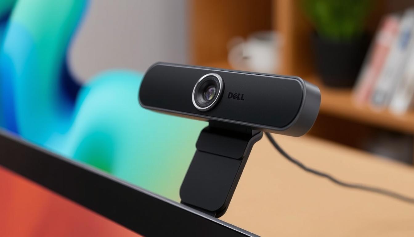 Generate an image of the Dell Pro2K Webcam with a sleek design and a magnetic security cover.