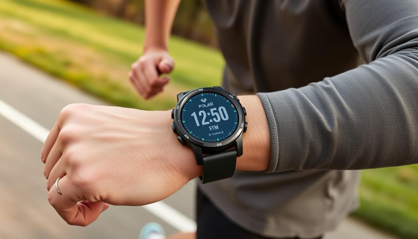 Generate an image of the Polar Vantage M3 watch on a wrist during a run.