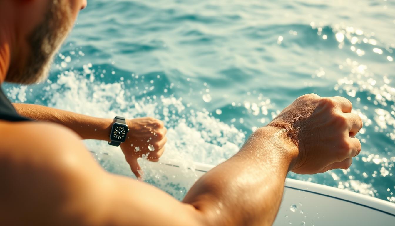 Generate an image of the Apple Watch Series 10 being used by a surfer in the water, with a focus on the watch's display.