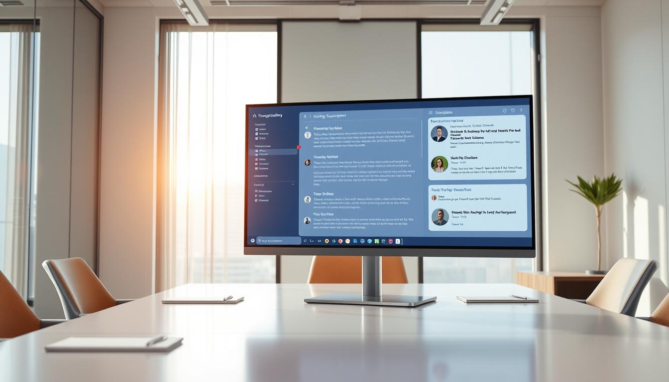 Generate an image of a meeting room with a computer screen displaying AI-powered meeting documentation software, capturing and transcribing the discussion.