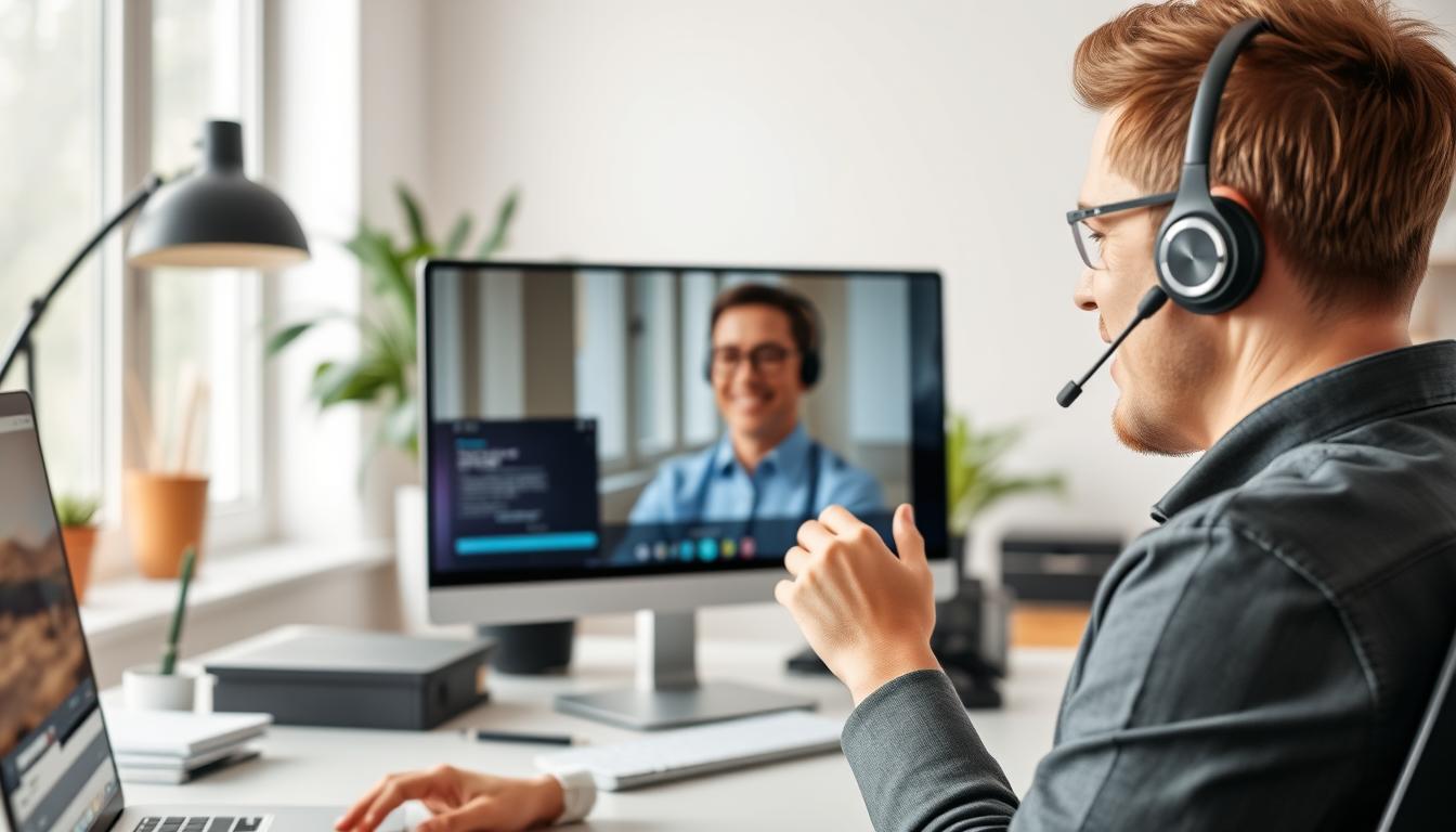 Generate an image of the Logitech Zone Wireless Headset being worn by a remote worker during a call.