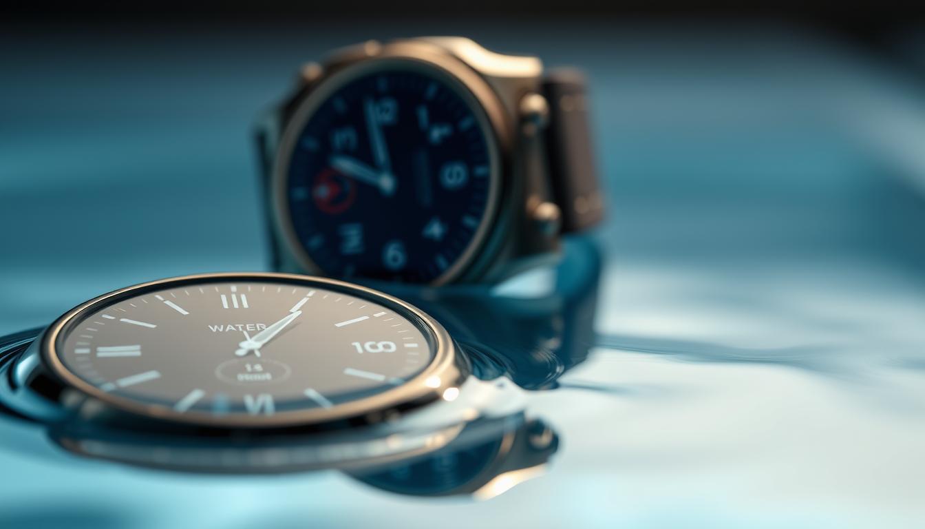 A detailed close-up view of a smartwatch's water resistance features, shot in high-resolution with a macro lens and dramatic lighting. In the foreground, the watch face is partially submerged in a shallow pool of water, showcasing the water resistance rating displayed on the dial. The middle ground features the smartwatch's body and bezel, with a focus on the seals and gaskets that protect the internal components from water ingress. The background is a blurred, out-of-focus reflection of the watch in the water, creating a sense of depth and dimension. The overall mood is one of technical precision and attention to detail, highlighting the engineering that goes into making a water-resistant smartwatch.